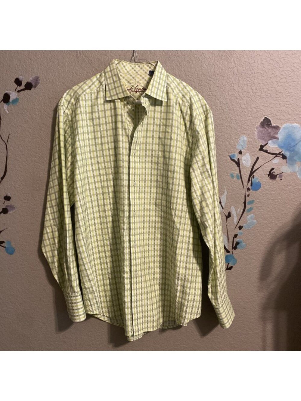 Robert Graham Spring Green Plaid Cotton Button-Down Shirt Embroidered L